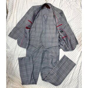 BOCACCIO Uomo Paris Performance Stretch Fabric Gray Plaid 3 Piece Suit 40S/W34S